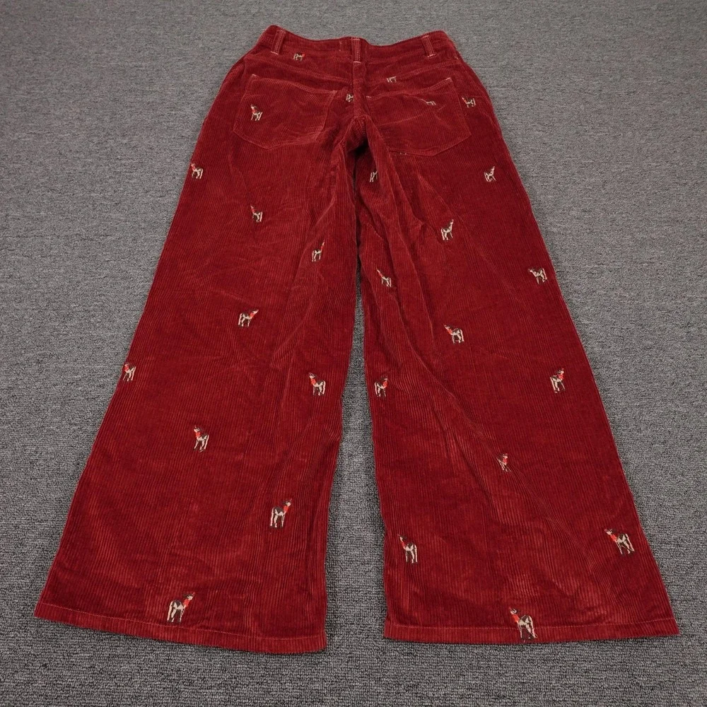 Free People Pants Womens 26 Red Corduroy Wide Leg Embroidered Deer Holiday - Picture 5 of 12